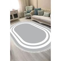 Dijital Baskılı Oval Salon Halısı Kaymaz Yıkanabilir Keçe Taban Saçaklı Geometrik 1696 Gri Beyaz