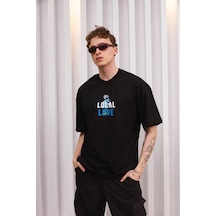 Erkek Bisiklet Yaka Baskılı Oversize Kısa Kol T-shirt - Siyah