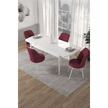 Canisa Kor Serisi 70x114 Açılabilir Mutfak Masası Takımı Beyaz Masa 4 Bordo Sandalye Bordo