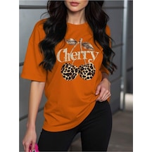 Uyguntarz Unisex Leopar Desenlı Vişne Baskılı Tasarım Tshirt Turuncu