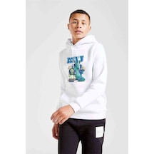 Tshirthane Monster Mu Baskılı Unisex Çocuk Kapüşonlu Beyaz Sweatshirt Beyaz