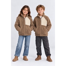 Ahengim Kız Erkek Çocuk Peluş Kuzu Mont Unisex Fermuarlı Dik Yaka Sıcak Tutan Çocuk Ceket Ak100 Kahverengi