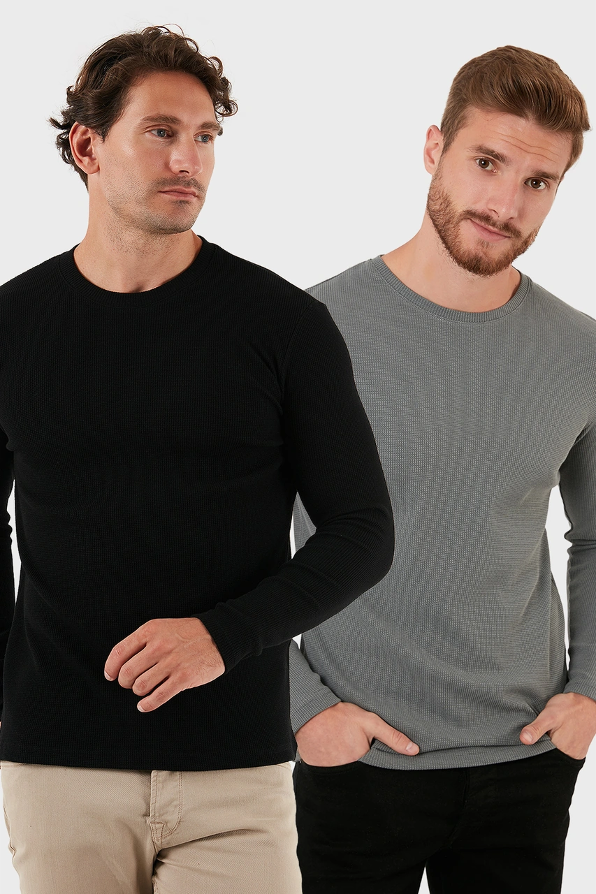 Buratti Pamuklu Bisiklet Yaka Slim Fit Basic Erkek Sweat 5905073S2 Siyah-Açık Haki