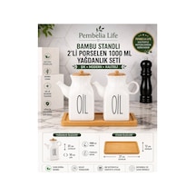Bambu Standlı Kare 2 Li Porselen Herbiri 1000 Ml Yağdanlık Set 3 Lü Yağdanlık Takım Beyaz Beyaz