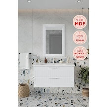 Erguvan Beyaz Gümüş Kulp 100 Cm %100 Mdf Lavabolu Banyo Dolabı Ayna Beyaz