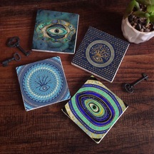 Nazar Taş Bardak Altlığı Seti - 4 Parça - Dekoratif, Rustik Mutfak Aksesuarı, 10x10 Cm, Kaydırmaz Tabanlı, Şık Diğer