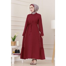 Sevitli Yanı Fermuar Detaylı Tesettür Elbise-bordo-4692