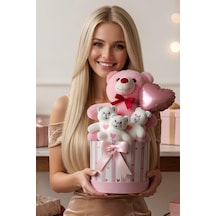 Pembe Peluş Ayıcık Buketi Hediye Kutusu Kalpli Balonlu Sevimli Ayı Seti Sevgiliye, Arkadaşa & Bebek Hediyesi