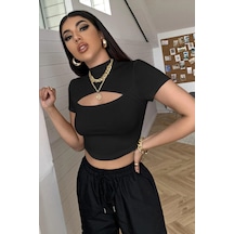 Epilons Zenvial Kadın Siyah Göğüs Dekolteli Yarım Kollu Cut Out Crop Top Bluz Zenviall2