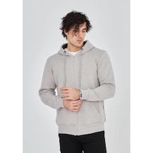 Barlashive Erkek 3 İplik Pamuklu Kapüşonlu Tam Fermuarlı Cepli Hoodie Sweatshirt - Boyalı Gri Çok Renkli