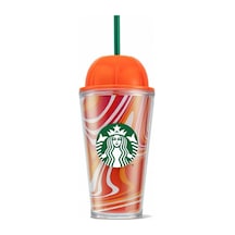 Starbucks Balkabağı Tasarımlı Plastik Pipetli Termos Psl Serisi 473ml Turuncu