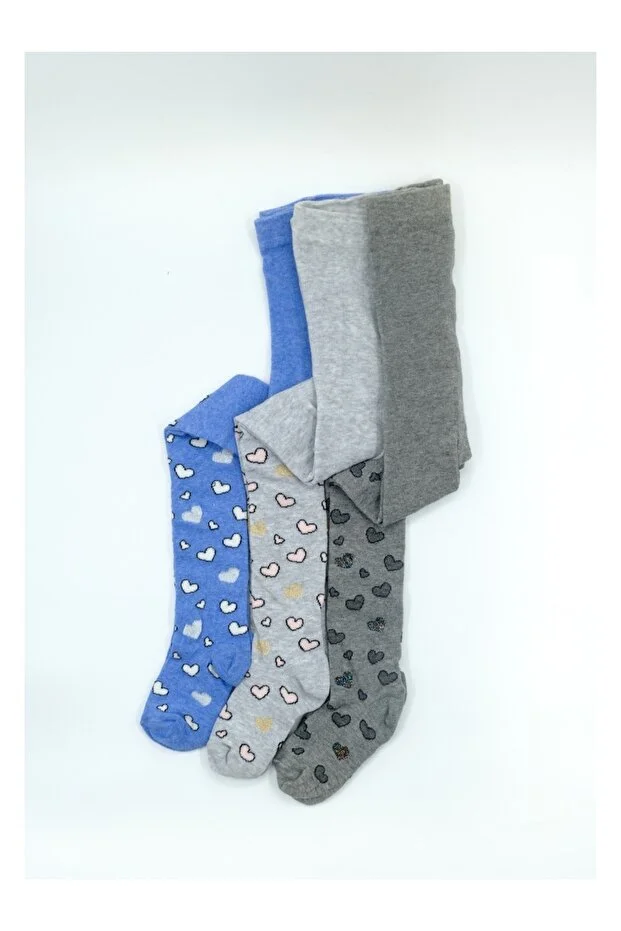 Veraye Socks Kız Külotlu Çorap Simli Kalpli Desen Pamuklu Penye 3'lü Mavi-gri-siyah