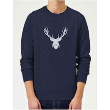 Silhouette Deer Baskılı Indigo Mavi Lacivert Erkek Örme Sweat