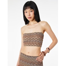 Koton Slim Fit Desenli Straplez Crop Kroşe Top Turuncu Desenli 6sak10330ek