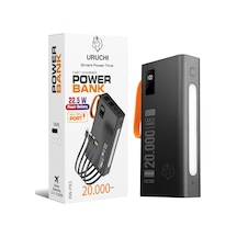 22.5w Pd 3.0 Kablolu Powerbank, Gerçek 20.000 Mah Taşınabilir Şarj Cihazı, Dahili Type-c, Lightning Ve Micro Usb Kablolu, Led Ekranlı, Hızlı Şarj, İphone 16/15 Ve Android Uyumlu, Siyah