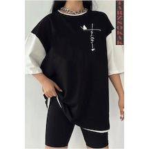 Tarzsokak Siyah Oversize Çift Renk Kelebek Yazı Baskılı Unisex Tshirt Beyaz