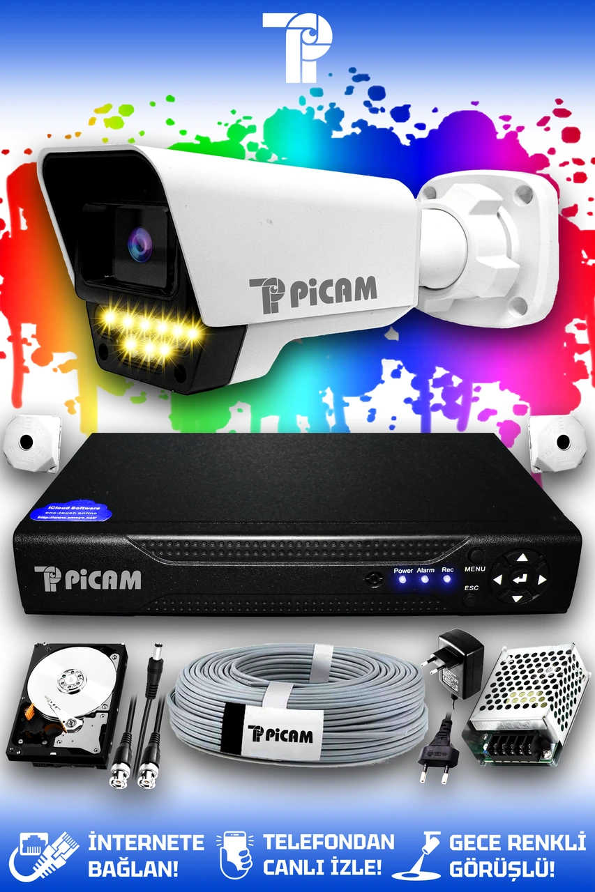 Picam 1 Kameralı Süper 1 Dış Kamera Set 100 GB 5 MP 2K Net Renkli Gece Görüşlü Güvenlik Kamerası Sistemi