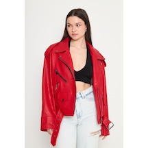 M M Marki Marki Kadın Hakiki Jumbo Deri Ceket Biker Tarz, Kemerli, Oversize, Apoletli, 65 Cm, Kırmızı - 116622x