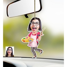 Kişiye Özel Bayan Ressam Karikatürlü Ahşap Araba Dikiz Ayna Süsü
