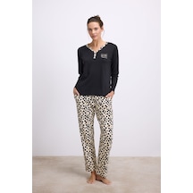 Man11549-1002 Anil Ev Giyim Anıl Kadın Uzun Kollu T-shirt Ve Pantolon Pijama Takımı %100 Pamuk, Leopar Desen Detaylı 11549 Siyah