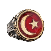 Erkek Gümüş Yüzük - Kırmızı Hilal Ve Yıldız Tasarımı, Türk Bayragı Yüzük Gümüş