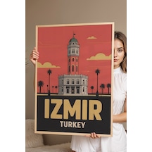İzmir Saat Kulesi Tablo - Retro Travel Poster - Şehir Serisi Duvar Dekoru - Çerçeveli Poster Kayın