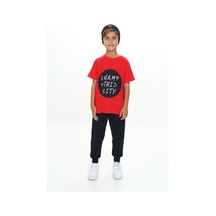 Toontoy Kids Toontoy Erkek Çocuk 2'li Takım Baskılı Bisiklet Yaka Kısa Kollu T-shirt & Beli Paçası Lastikli Cepli Jogger Eşofman Altı - Renk Bloklu & 2 İplik Kırmızı