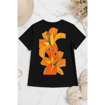 Spoyi Orange Lily Tasarımlı %100 Pamuk Yarım Oversize Siyah T-shirt