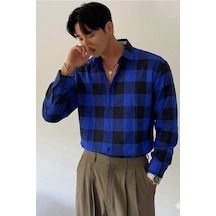 Erkek Ekose-kareli Gömlek Slim Fit Pamuk Karışımlı Klasik Tarz Uzun Kollu Gömlek Lacivert