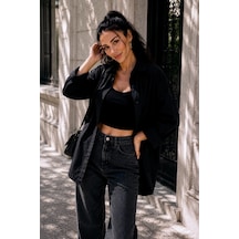 Bb Butik Basic Kadın Oversize Poplin Gömlek Uzun Kollu Basic Gömlek Tr0735 siyah