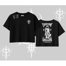 Tarzsokak Everyone Has Dreams Yazılı Astronot Kedi Arka Baskılı Oversize Crop Tshirt Siyah