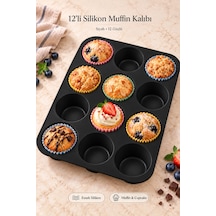 Tilbe Home Tilbe Home 12'li Silikon Muffin Kalıbı Yapışmaz Cupcake Kek Kapsül Brownie Mutfak Fırın T Siyah
