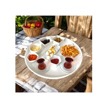 Eceaksesuar Ahşap Kulplu 50 Cm Yuvarlak Metal Tepsi Kahvaltı Çay Kahve Sunum Tepsisi Beyaz 48 X 48 Diğer