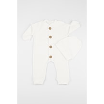 Yalın Bebek Giyim %100 Pamuk Ahşap Düğmeli Fitilli Tarz Şapkalı Bebek Zıbın - Krem