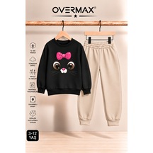 Overmax Kız Çocuk Kapüşonsuz Kitten Face Baskılı Eşofman Takımı- 3-12 Yaş Siyah-bej - 922518723 Siyah-bej