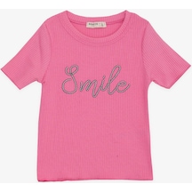 Breeze Kız Çocuk Crop Tişört Nakışlı Yazı Baskılı 8-14 Yaş, Fuşya Fuşya