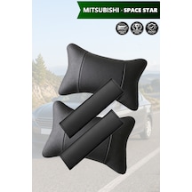 Mitsubishi Space Star Uyumlu Set Lüks Deri Kemer Koruyucu Siyah Deri Yastık