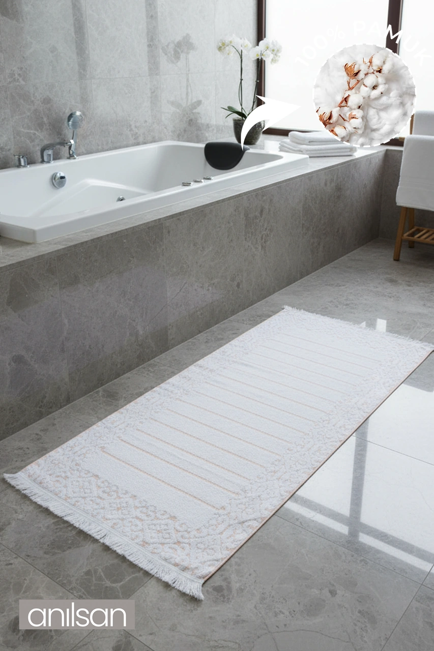 Aflora Beyaz-turuncu Ayak Havlusu - 60x130cm, 690gr, %100 Pamuk, Spa Ve Otel Banyo Paspası, Günlük Kullanıma Uygun Beyaz