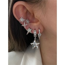 Pinery Jewels Yıldız Zirkon Taşlı Gümüş Renk Kadın Earcuff Kıkırdak Küpe Altın