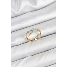 Pirinç Gold Renk Zirkon Taşlı Mavi Çiçekli Kadın Yüzük Renkli