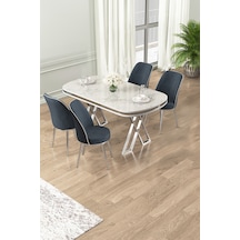 Canisa Lai Serisi 90x168 Lak Panel Beyaz Mermer Desen Masa Ve 4 Antrasit Sandalye Krom Ayak Beyaz Mermer Desen Masa Antrasit Sandalye