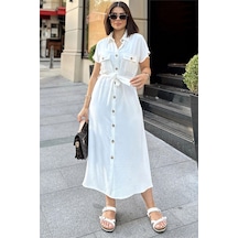 Beyaz Kısa Kol, Gömlek Yaka, Düz Desen, Çift Cepli, Aerobin Kumaş, Kuşaklı Maxi Elbise Beyaz