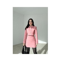 Rabia Çelik Düğme Detaylı Kaşe Pembe Takım Pembe Pembe