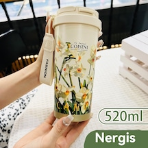 Çift İçecek Kahve Fincanı Kadın Yüksek Değerli Seramik Astar 316 Paslanmaz Çelik Termos Bardak Araba Basit Pipet Bardak 303 Çift İçecek Seramik Nergis