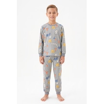 Bunny Hopp Erkek Çocuk Uzun Kollu Pijama Takımı %100 Pamuk Safari Hayvan Desenli Penye Gri