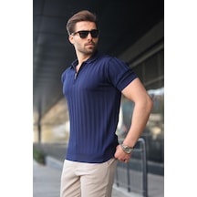 Lacivert Yarım Fermuarlı Polo Yaka Erkek Kazak E7458 Lacivert