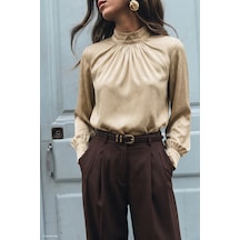 Sateen Uzun Kollu Bluz - Bej-137835