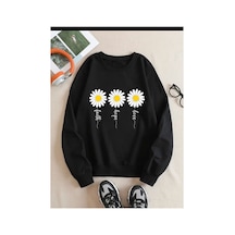Medinenur Sarı Papatyalar Baskılı Bisiklet Yaka Şardonlu Sweatshirt Siyah