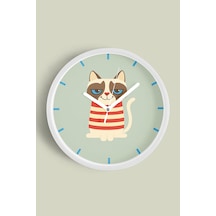 Kedi Tasarım Modern Duvar Saati - 30cm - Önü Camlı Beyaz Kasa - Sessiz Mekanizma Beyaz