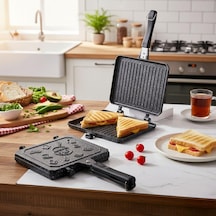 Çift Taraflı Ocak Üstü Döküm Tost Makinesi, Granit Efektli Yanmaz Yapışmaz Sandviç Ve Tost Tavası - Hamburger, Omlet Ve Aperatifler İçin İdeal Ergonomik Saplı Kolay Temizlenebilir Grill Tava Siyah